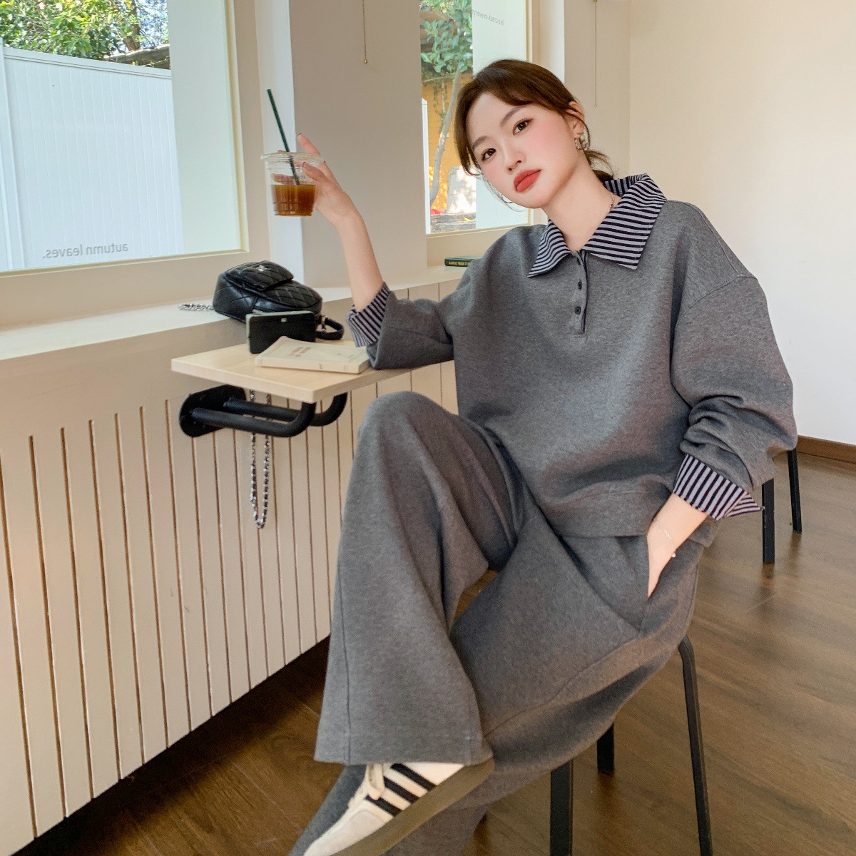 Cross-Border Autumn and Winter Plus-Size Fashion Slimming Sports Suit Women's Sweatshirt Wide-Leg Pants Casual Two-Piece Set for Plus-Size Women 150kg