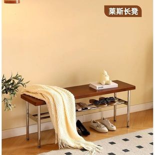Retro Nordic Solid Wood Bench, Small Household Stainless Steel Shoe-Changing Bench for Entryway, Living Room, Bedroom, and Foot of the Bed