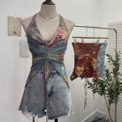 Actual shot of holiday style halterneck swung collar drawstring camisole tie-dyed mesh short sleeveless top 9926