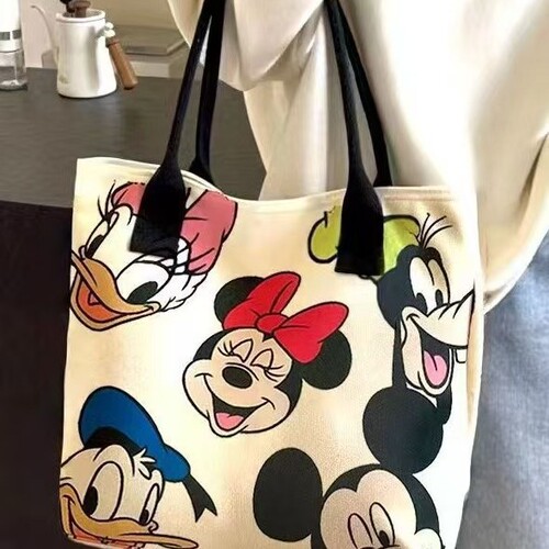 Cross-border new canvas bag for women, large capacity bag, 2024 new cute cartoon hand-held tote bag