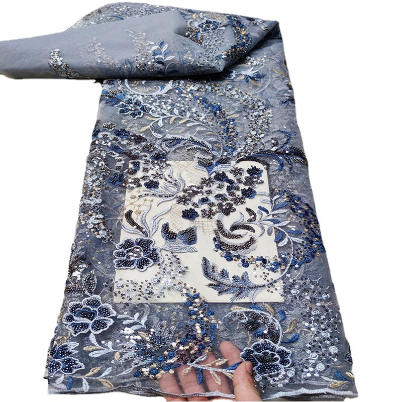 Tela de bordado pesado con diseño floral de una sola cara, lentejuelas con cuentas, adecuada para vestidos de novia, vestidos de noche y encaje de qipao.