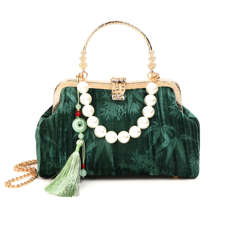 Broderad retro handväska för dam med pärlor och kedja_voghion.com