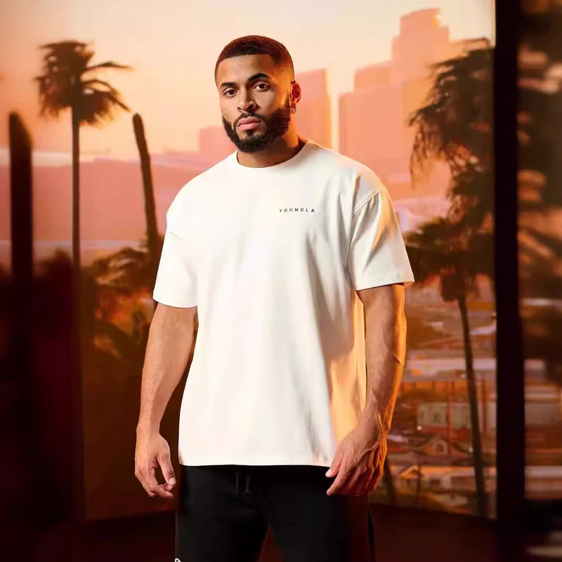 Summer Men's Full Back Printed Short Sleeve Men's Loose 240g Celebrity Wall T-Shirt Cotton Round Neck Leisure Fitness Sports Short Sleeve