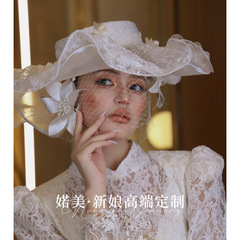 新款法式复古影楼汉服女白色拍照花朵宫廷旗袍小礼帽新娘婚纱帽子