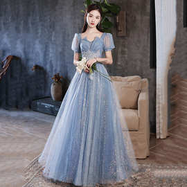 宴会晚礼服女2024春夏新款蓝色气质设计感连衣裙学生声乐艺考礼服