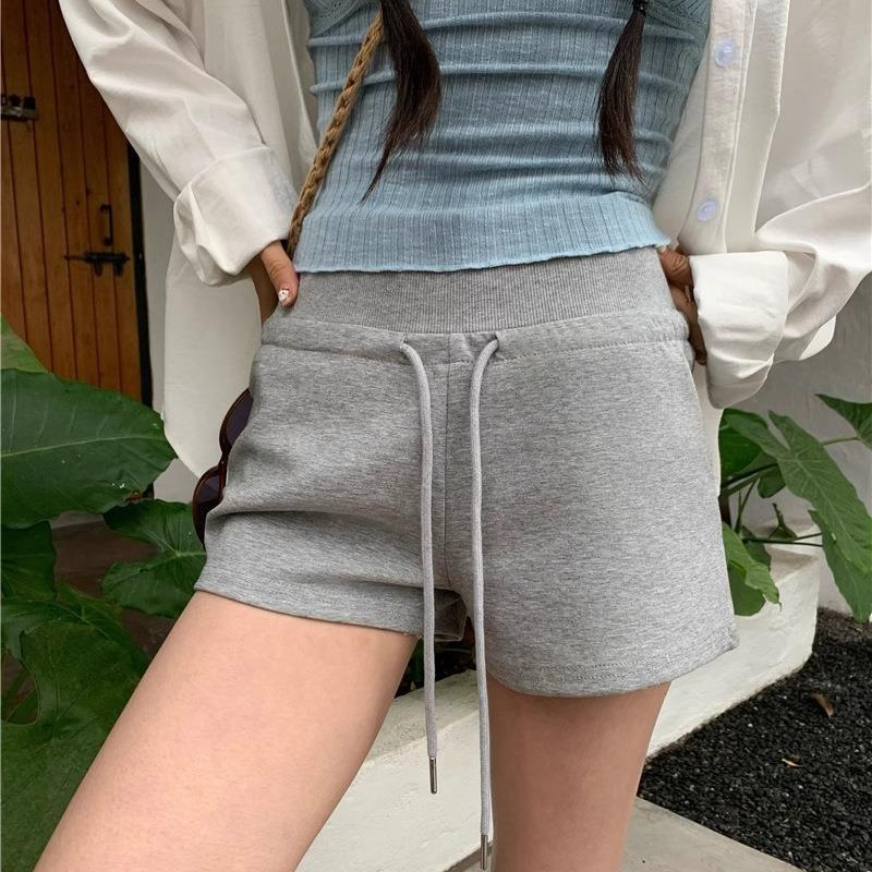Casual Slim-Fit Summer Sports Shorts for Women with Drawstring, American Style, Slimming Mid-Waist Gray Hip-Hugging Hot Pants