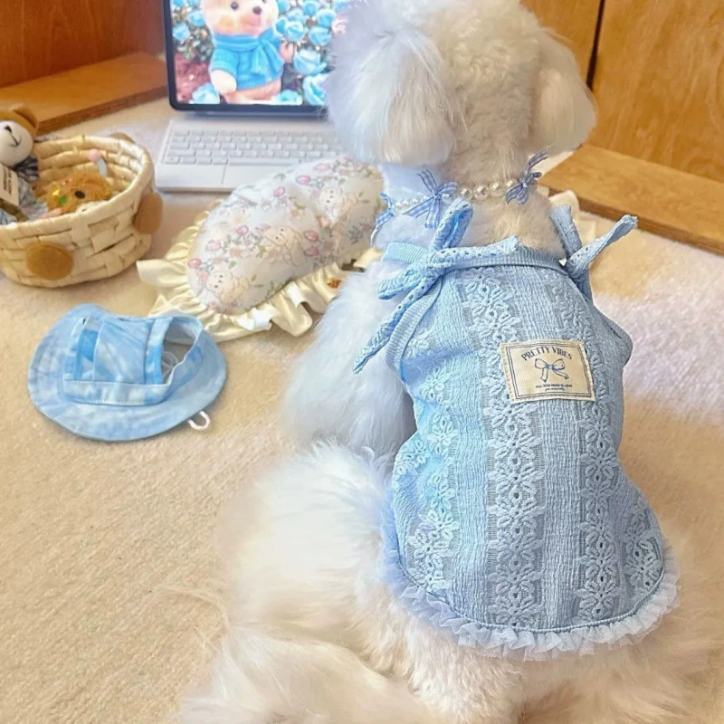 Собачья одежда Летний тонкий домашний питомец ретро-бант маленький подтяжка кружева милый кошачий жилет