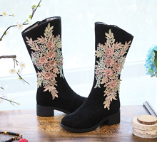 棉靴  女長筒高靴 夾棉加絨冬季麂皮絨重工刺綉花朵綉花布靴