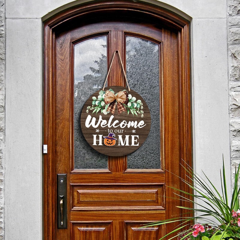Interchangeable Welcome Sign Halloween Fall Front Door Decor |   Rustic Round Wooden Wreath Wall Hanging Porch