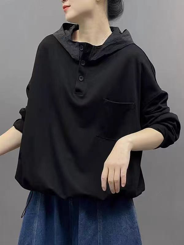 新品文艺简约韩系半开门襟抽绳摆百搭休闲撞色连帽套头卫衣|undefined