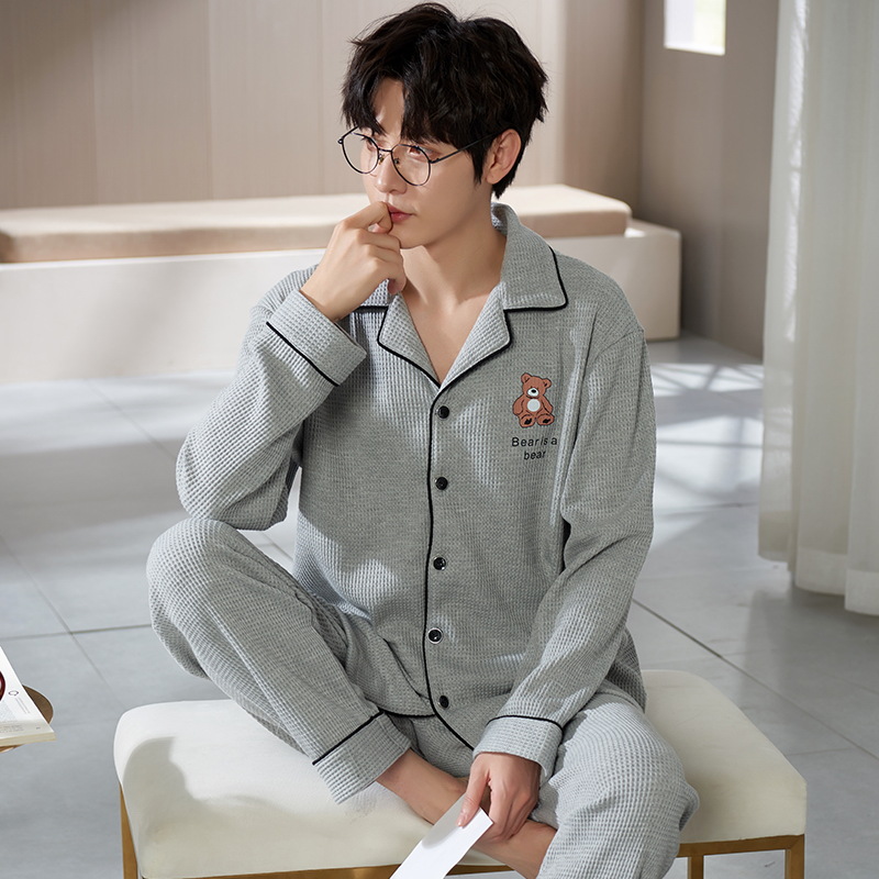 Pijamas de hombre Primavera y otoño solapa de manga larga Cardigan Youth algodón más tamaño suelto traje de uso doméstico se puede usar fuera
