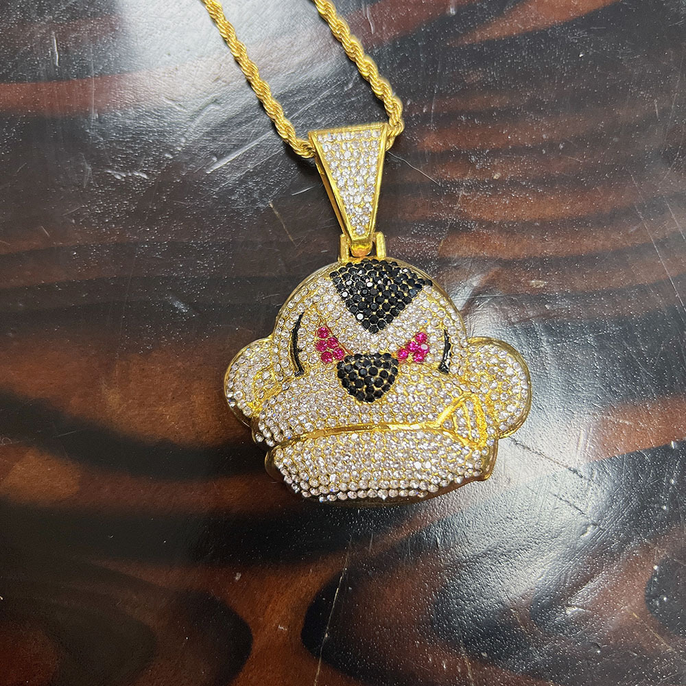 Hip Hop Monkey Pendant Necklace Full Diamond Cuban Chain Jewelry_voghion.com