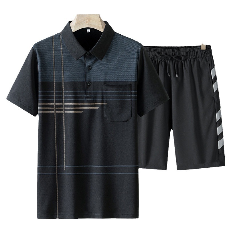 Trajes casuales de mediana edad para hombres, pantalones cortos de manga corta sueltos de verano, papá con seda de hielo, nuevo juego deportivo de dos piezas para hombres
