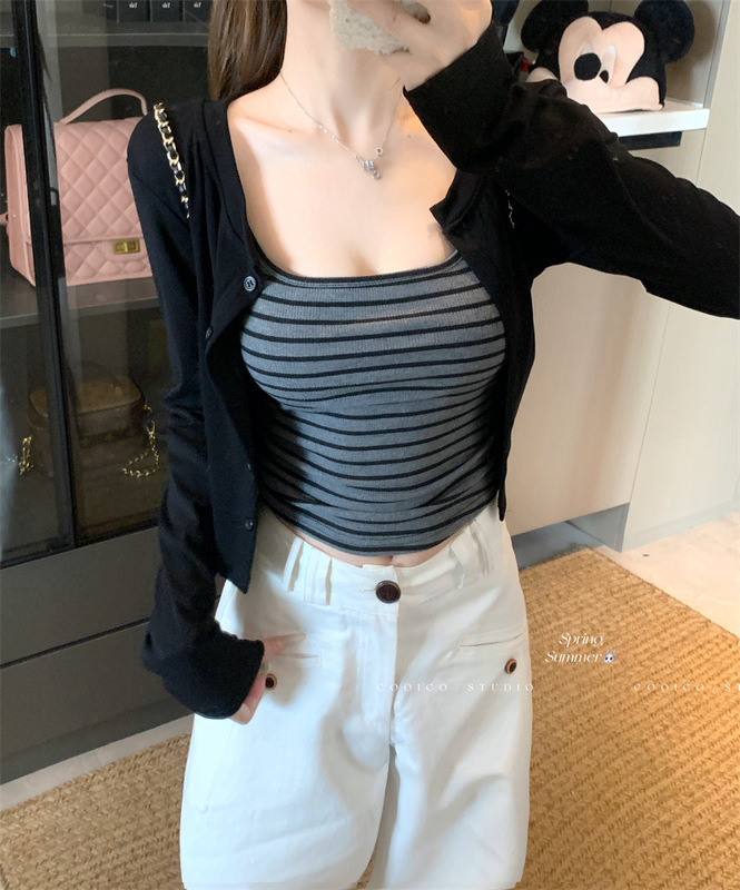 慵懒开衫外套女2025年秋季套装修身条纹吊带背心上衣两件套一整套|undefined