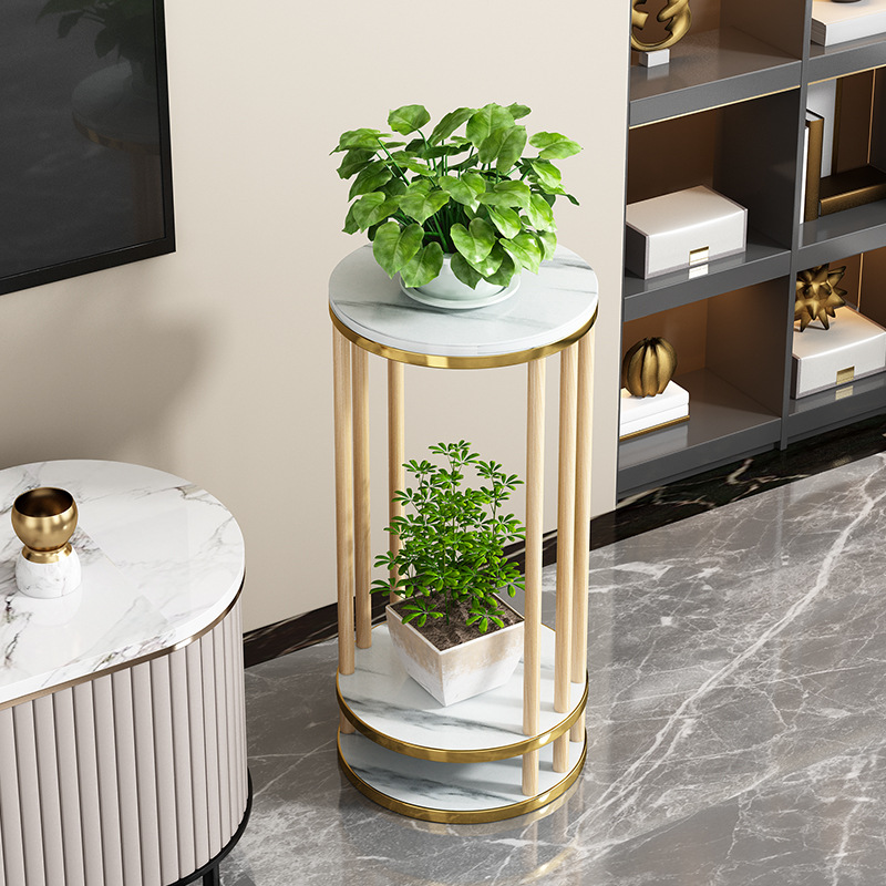 Mesa de flores de madera maciza Nordic Light Luxury Marble floor-type rack de almacenamiento de múltiples capas balcón interior TV gabinete decoración flor rack image 2