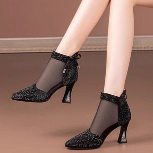 Soft Leather New Pointed High Heel Sandals 2025 Summer Thick Heel Pointed Mesh Gauze Hollow Breathable Rhinestone Mesh Boots for Women