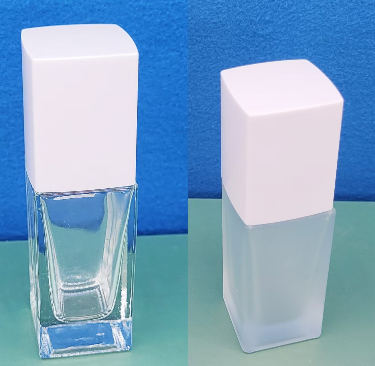 Botella de base líquida de vidrio cuadrado Botella de leche cuadrada transparente glaseada BB Crema de aislamiento Cuatro cuadrados Botella de spray Botella de vidrio