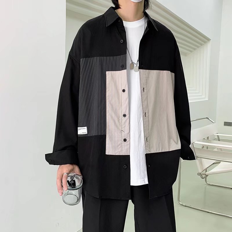 2024 marca de moda camisa de manga larga de color en contraste con costuras estadounidenses para hombres, camisa de herramientas japonesa de solapa informal suelta coreana