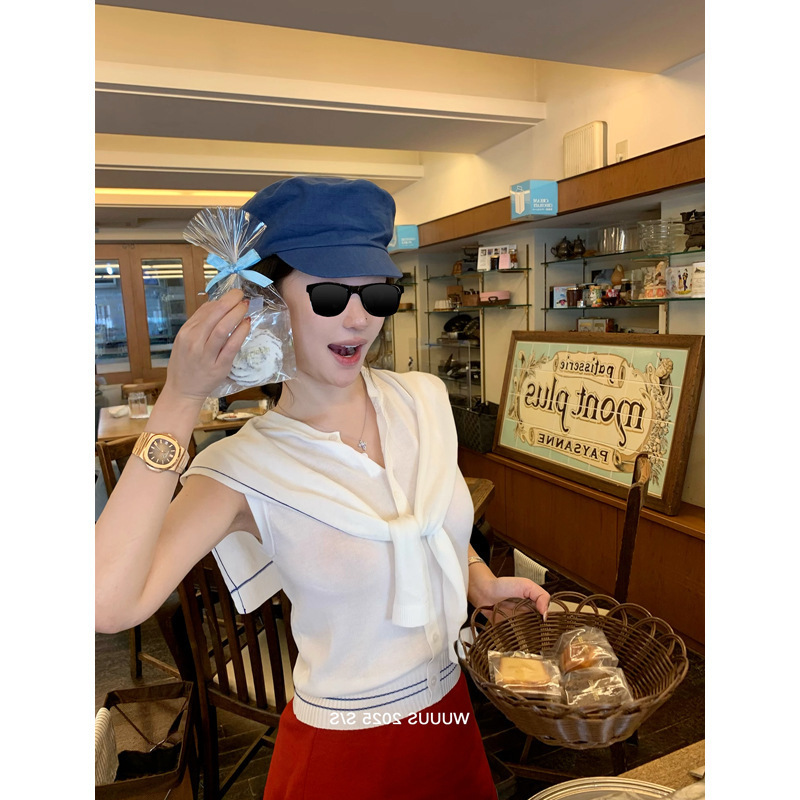 Wuuus [Beloved Navy Collar] 100% Lyocell Tencel Fake Two-Piece Top Women's White Sleeveless Sweater