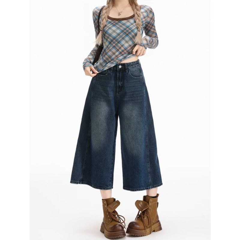 Vintage Deep Blue Loose Wide-Leg Denim Capri Pants for Women, Trendy New American-Style High-Waisted Straight-Leg Pear-Shaped Cropped Pants Vintage Deep Blue Loose Wide-Leg Denim Capri Pants for Women, Trendy New American-Style High-Waisted Straight-Leg Pear-Shaped Cropped Pants