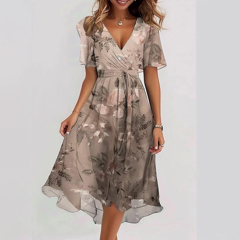Chiffon Printed Light Ripe V-Neck Dress