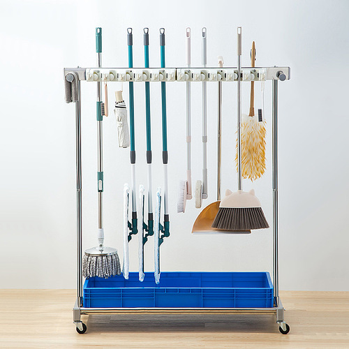 Stainless steel movable shelf rack balcony floor standing cleaning tool duster broom holder storage rack