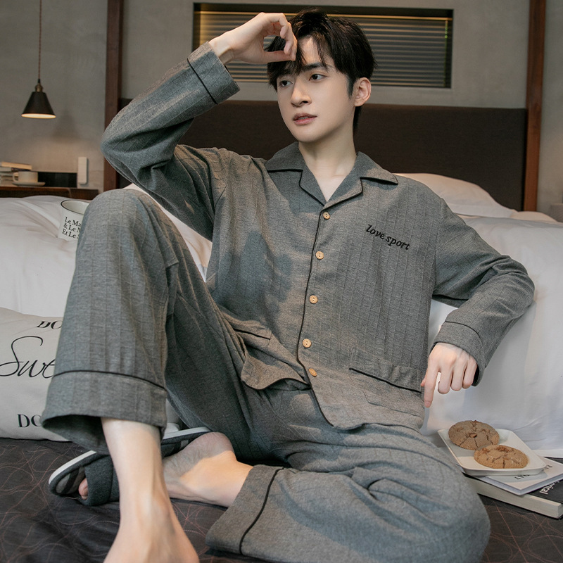 Ready-Made Spring and Autum New Pajamas 6040Cvc Jacquard Cardigan Men's Long-Sleeved Pants Can Be Worn Outside the Home