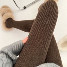 秋冬绵羊毛麻花麦穗烟灰加绒打底袜复古针织提花日系直角跟连裤袜