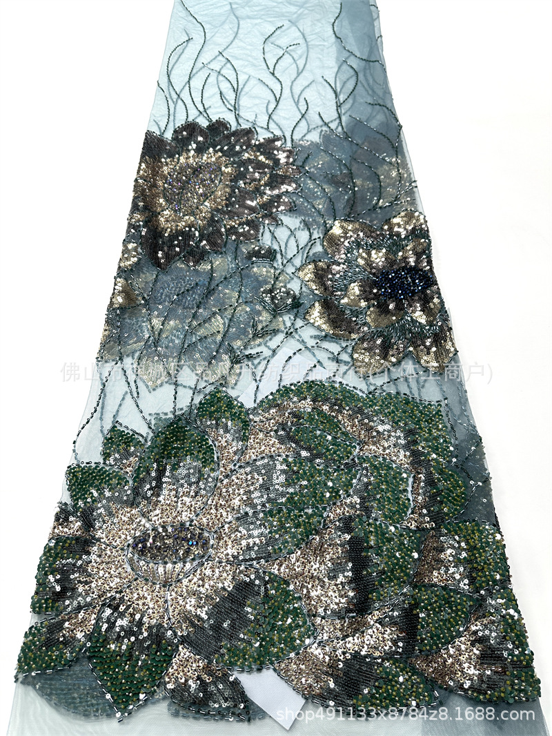 Fabricantes de palacio viento cuentas bordadas tela lujosa alta sensación de hombro vestido de noche ropa de moda tela