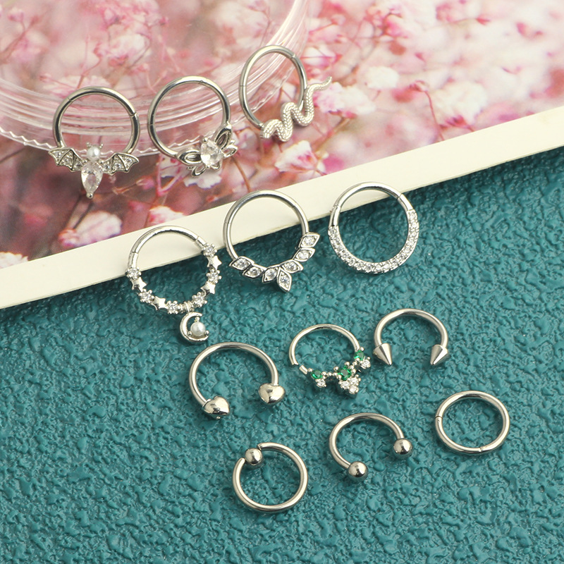 12Pcs Stainless Steel Open Nose Ring Set European American Bat Zircon Earrings Nose Stud Piercing Jewelry detail image 17