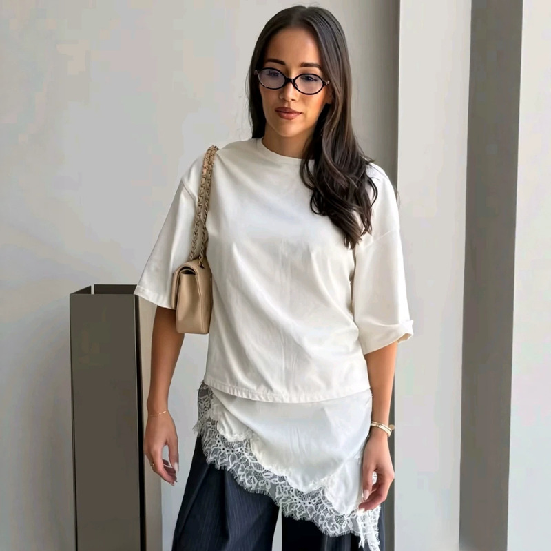 Za Cross-Border European and American Foreign Trade Women's Clothing Aliexpress Hot-Selling Summer Fashion Versatile Lace Satin Patchwork Dress-Style Top