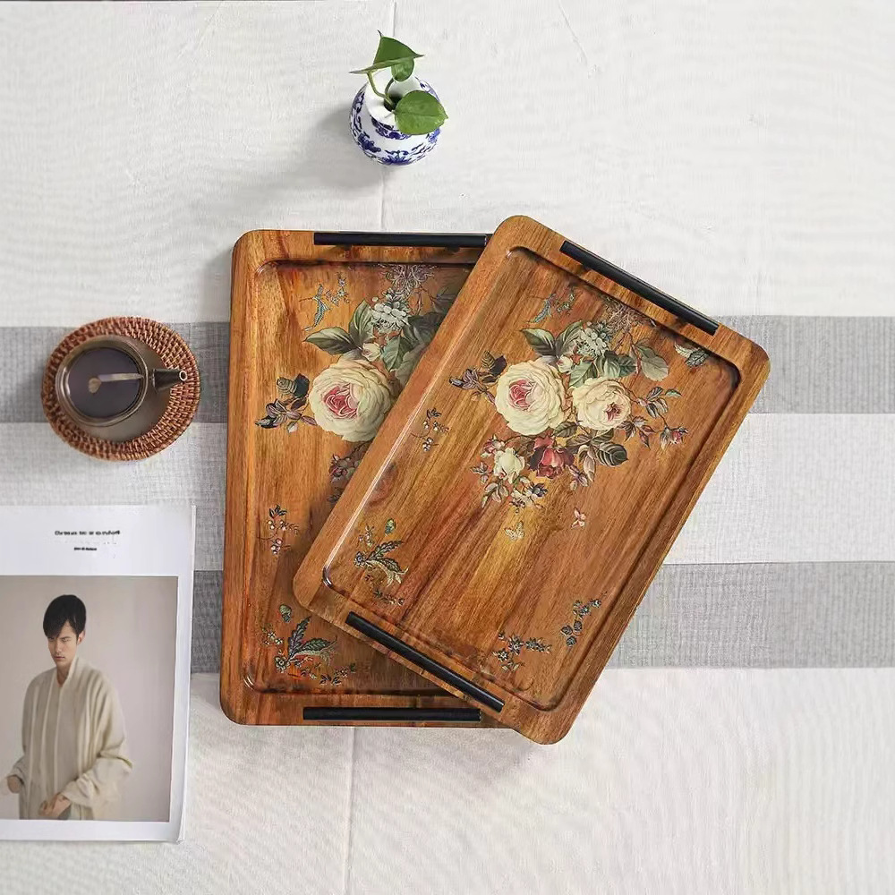 Acacia madera bandeja de té casera bandeja de infusión seca pequeña mesa de té estilo chino retrógrado olla de taza de té bandeja de almacenamiento de refrigerio bandeja de almacenamiento