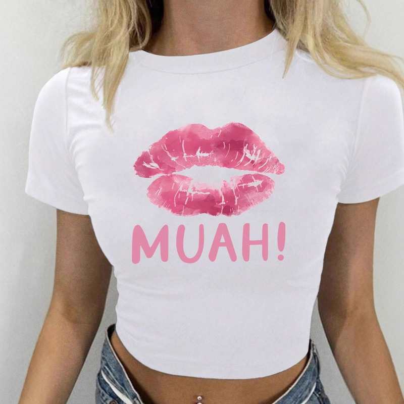 Short T-Shirt for Women, Hot Girl Style, Round Neck, Short Sleeves, Crop Top, Lip Print, Letter Print, Y2K Foreign Trade Women's Clothing, Summer