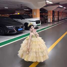 女童礼服高端轻奢公主生日蓬蓬裙黄色走秀钢琴演出服女花童连衣裙