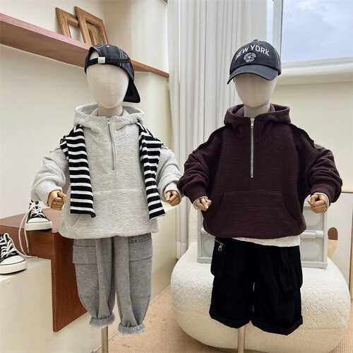 Texture  Autumn New Children's Half Zip Pleated Sweatshirt for Boys and Girls Solid Color Bubble Pleat Hooded Sweatshirt
