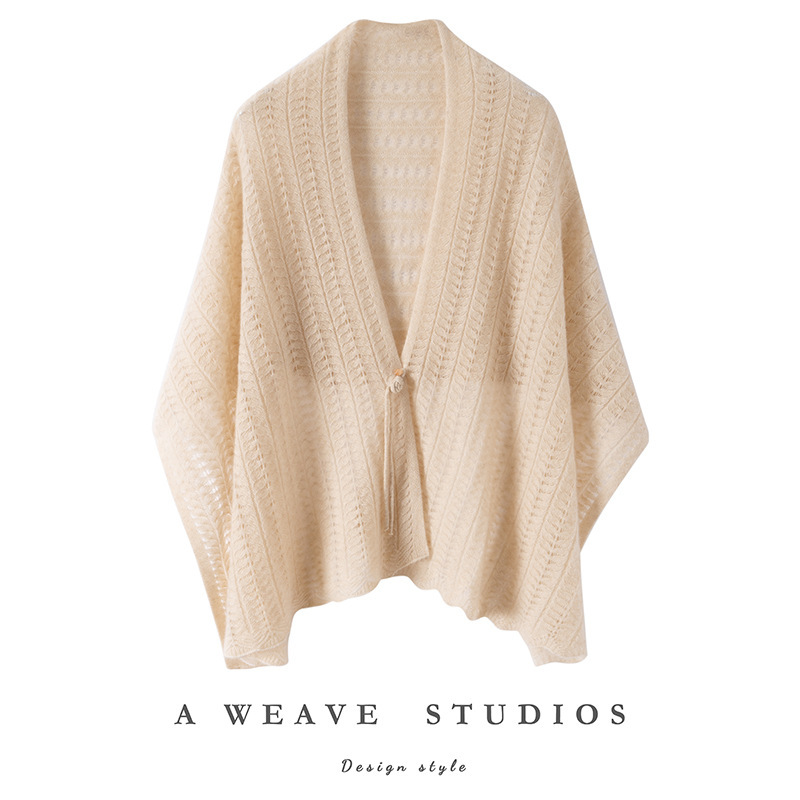 Women's Cashmere Sweater Knitted Shawl Buckle Sleeveless Outer Wear Cut Out Jacquard Pure Color Scarf Retro Ethnic Style Shirt