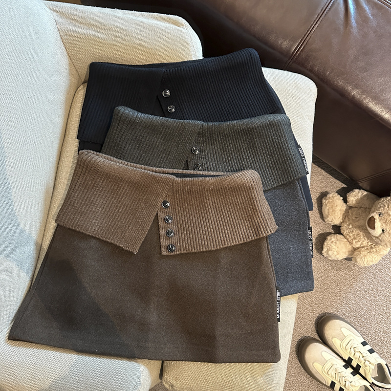 实拍 假两件针织拼接毛呢半身裙女高腰修身显瘦防走光短裙