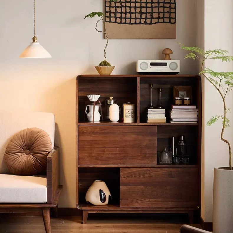 北美黑胡桃木书柜客厅书房落地储物矮柜复古实木靠墙收纳展示柜子