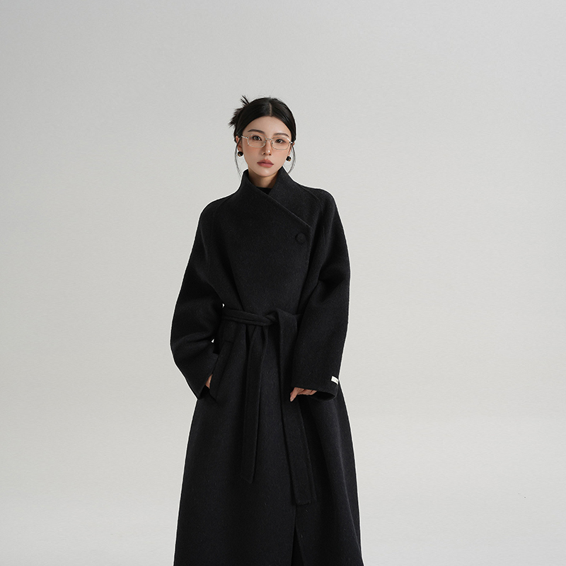 Black Double-Sided Cashmere Outwear for Women 2025 Winter New K-Style Lace-Up High-End Woolen Outwear for Small People