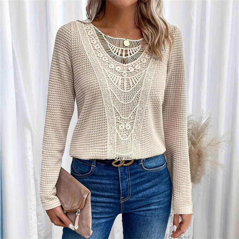 Cross-Border Foreign Trade New Women's Tops Amazon Autumn and Winter Popular Solid Color Brooch Long-Sleeved Hollow Knitted Sweater for Women