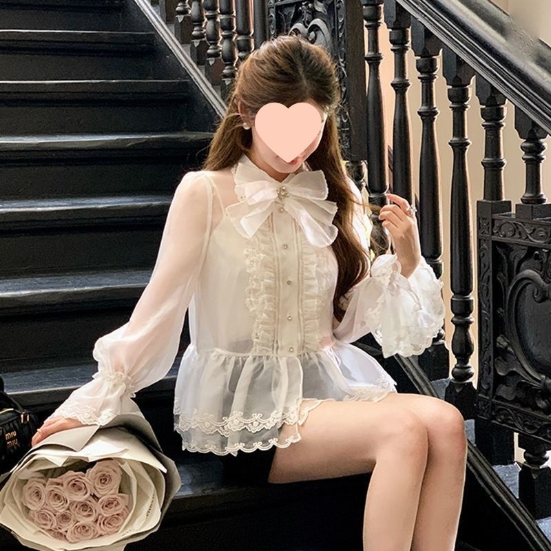 法式斗篷风衣减龄娃娃领外套秋季白色蝴蝶结蕾丝长袖衬衣两件套女|undefined