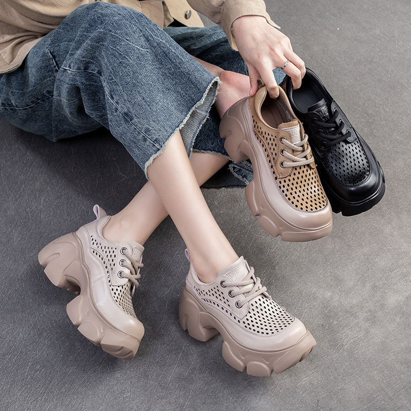 Shanghai Jie shu 2024 spring new small height increasing hollow breathable hole shoes front lace all-match fashionable women's shoes