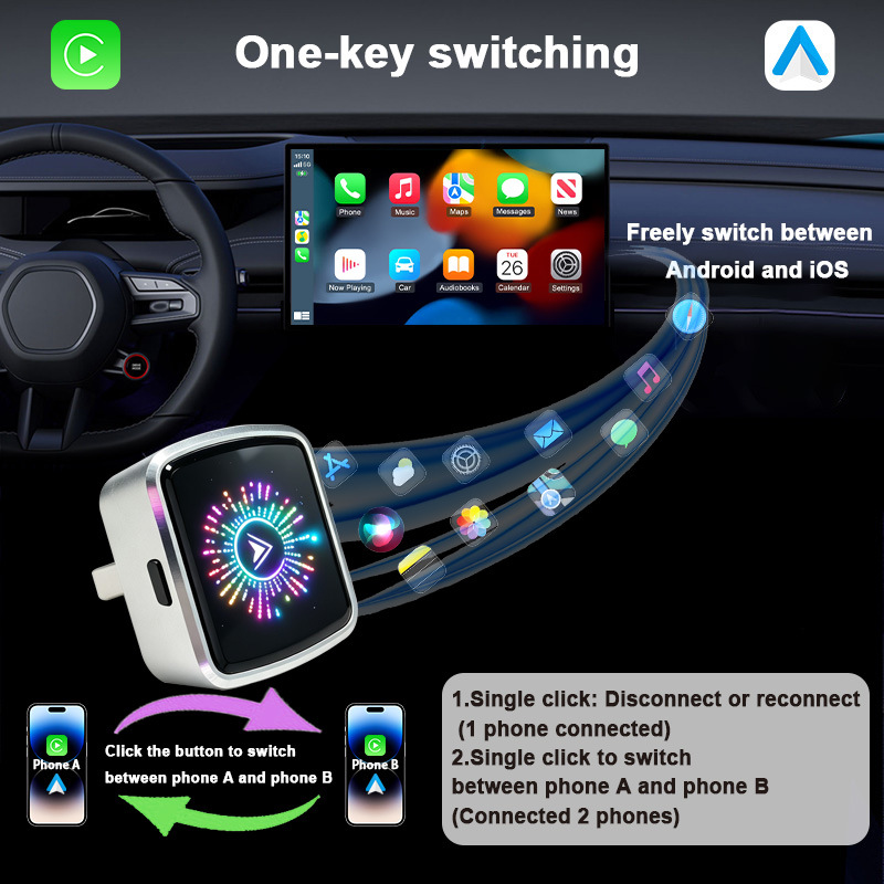 2026 Cross-Border Crystal-Style Smart Button Wireless Carplay Box Android Auto Car Connectivity Two-In-One