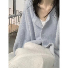 奶蓝色水貂绒针织开衫女早春季薄款外套宽松慵懒风奶fufu外搭上衣