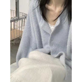 奶蓝色水貂绒针织开衫女早春季薄款外套宽松慵懒风奶fufu外搭上衣
