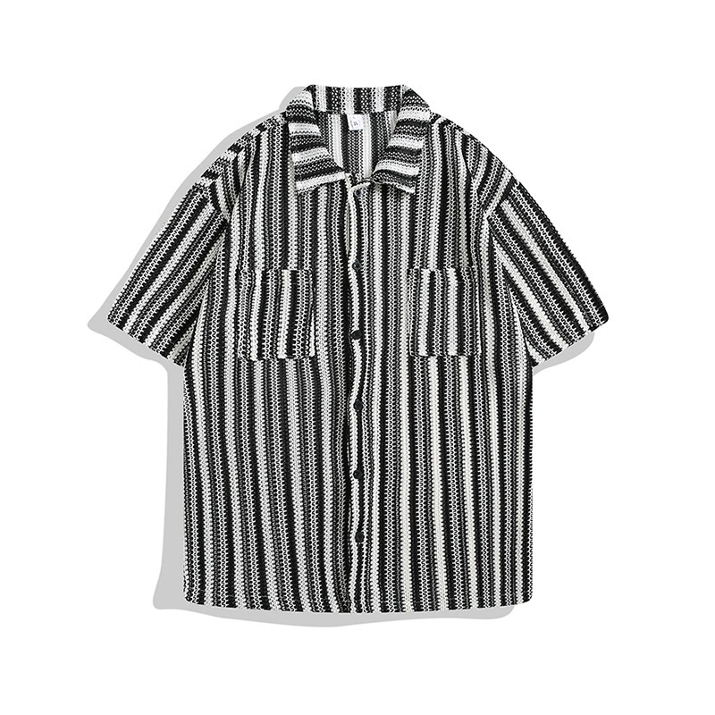 Корейский отдел носит легкую роскошную трикотажную рубашку в полоску мужской летний новый городской модный повседневный кардиган с короткими рукавами