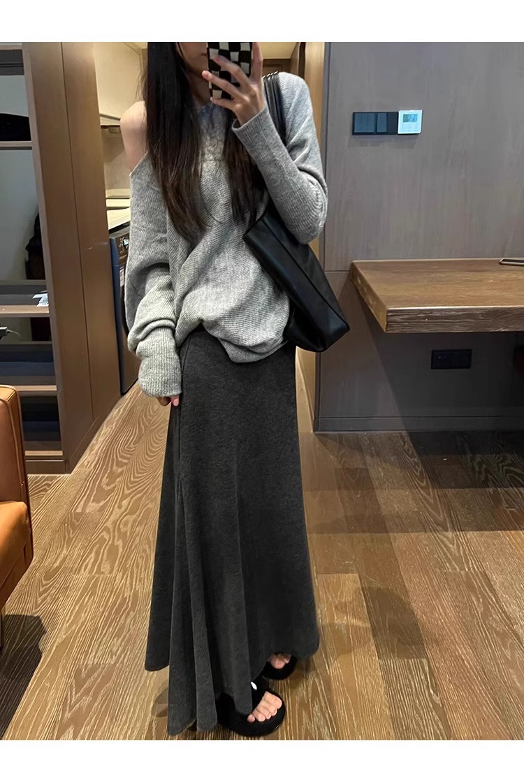 ​​Relaxed High-Waisted Wool-Blend Mermaid Maxi Skirt – Flowy A-Line Long Skirt With Stretchy Waist, Dark Grey/Black, One Size Fits Most​​_ecoleips.com