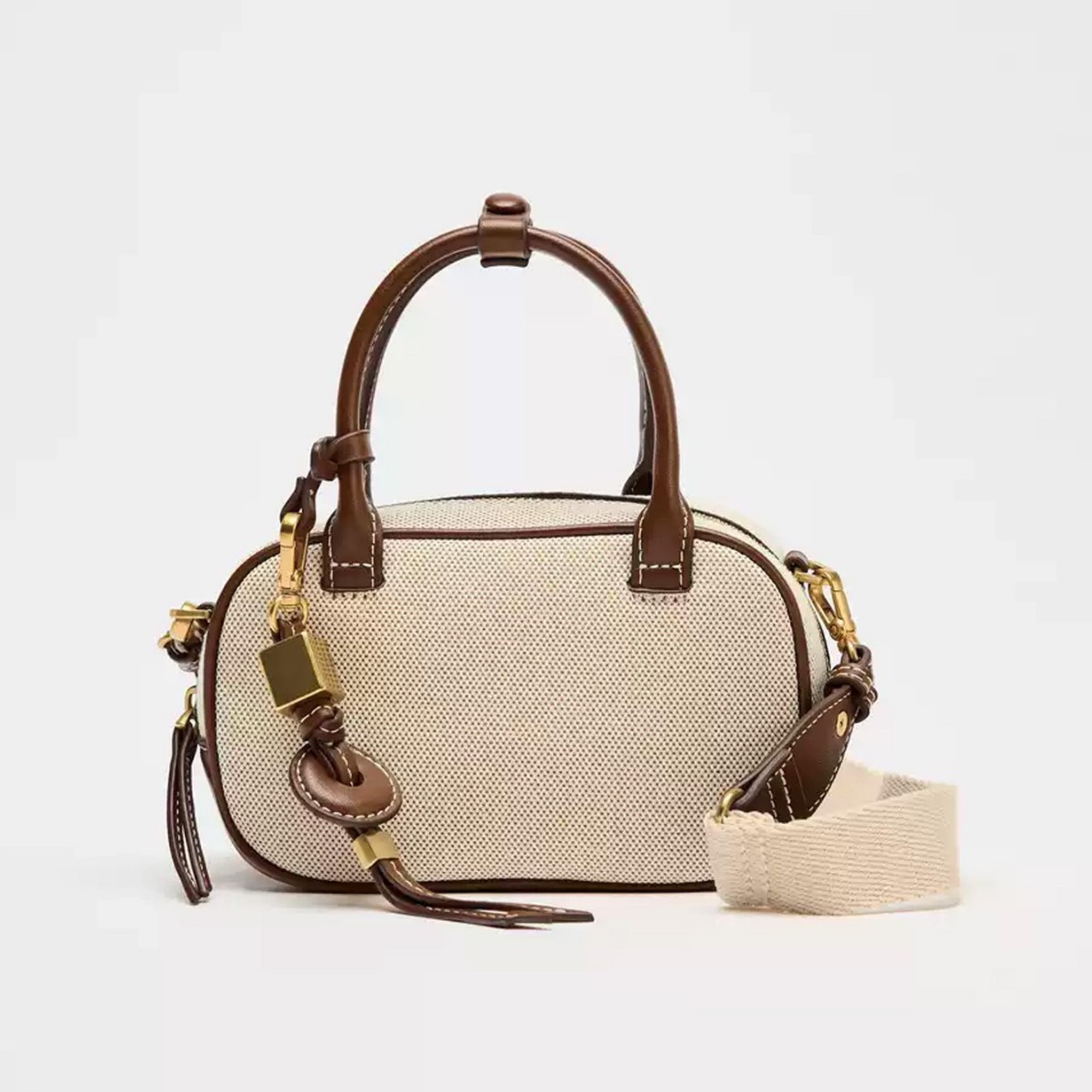 Spanish Women's Bag 2025 New Arrival Niche Contrast Color Fashion Canvas PU Leather Bowling Small Square Shoulder & Crossbody Bag