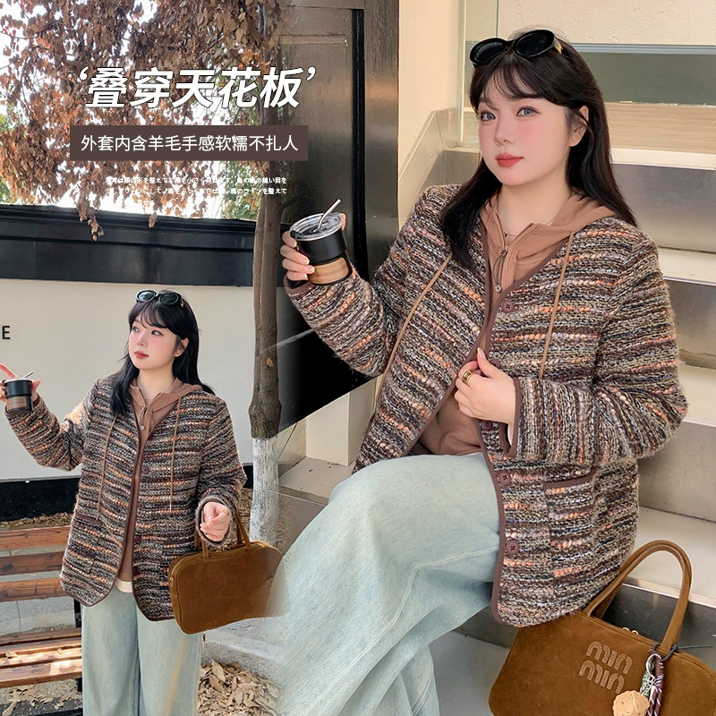 Женская шерстяная коричневая твидовая куртка в стиле Шанель больших размеров, новая зимняя облегающая базовая рубашка с капюшоном 411900.