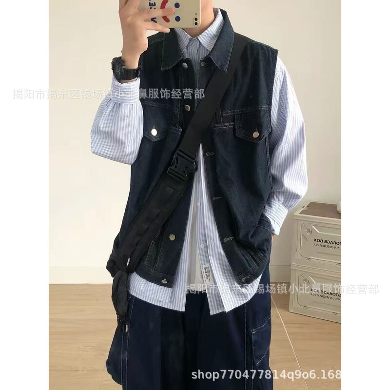Men's loose denim work vest jacket, spring/summer trendy American high street sleeveless vest Men's loose denim work vest jacket, spring/summer trendy American high street sleeveless vest